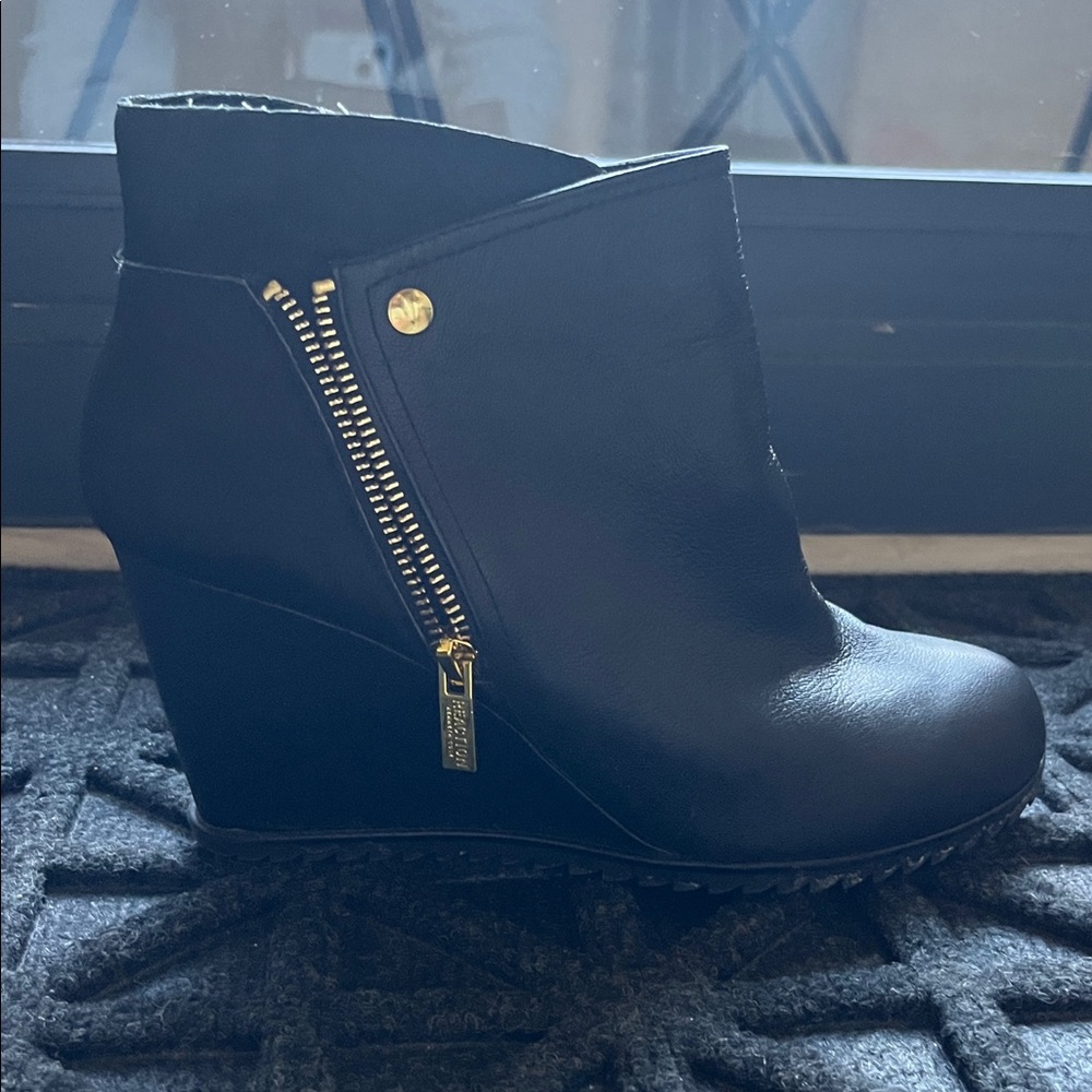 Black Wedge Ankle Boots with Gold Zipper